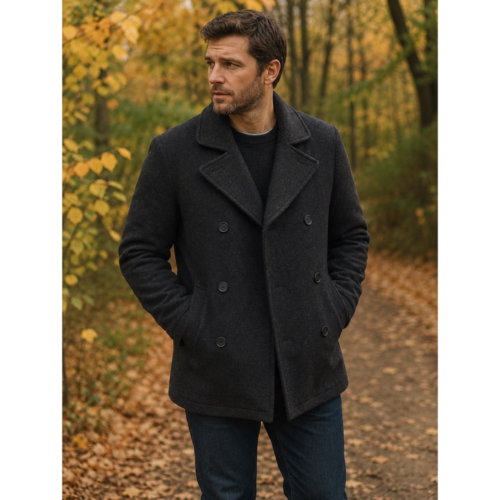 Kenneth Cole Reaction Wool Blend Peacoat‎ Jacket Black Mens SZ L Double Breasted